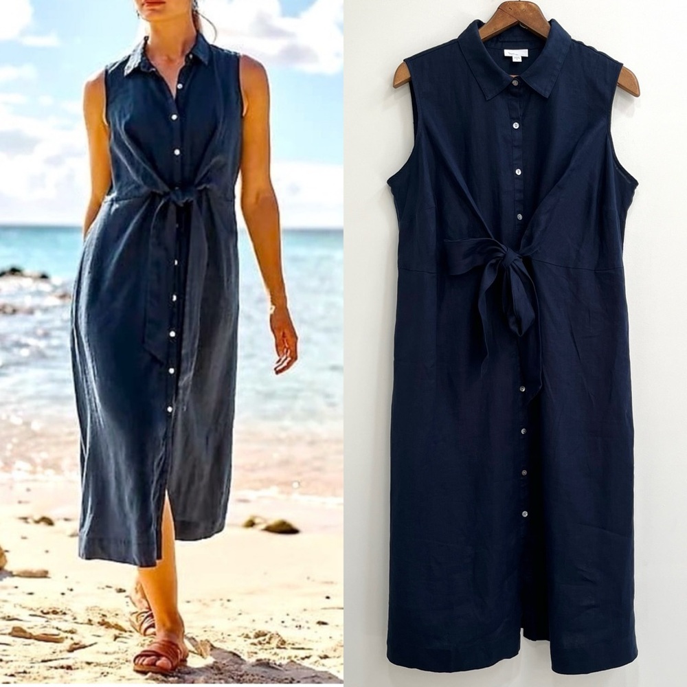 J. Jill Love Linen Tie Front Shirt Dress Navy Blue Pockets Size XL